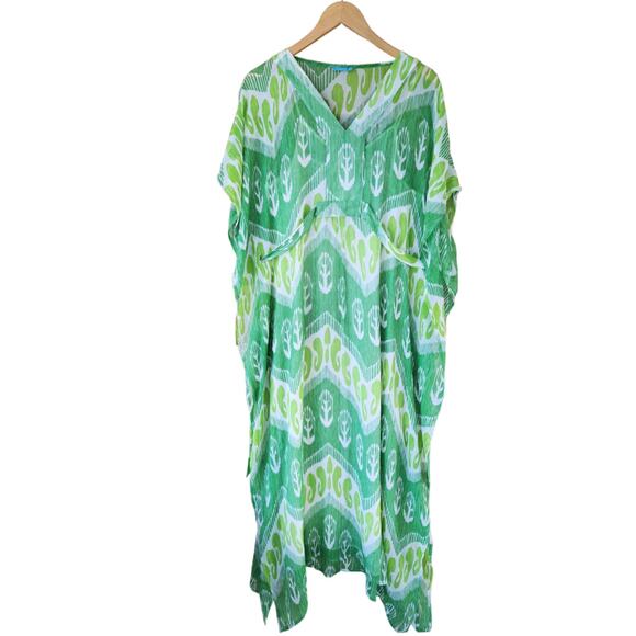 J. McLaughlin Libre Silk Caftan Maxi Dress Size M/L Resort Green Flowy Boho Chic - Picture 7 of 11